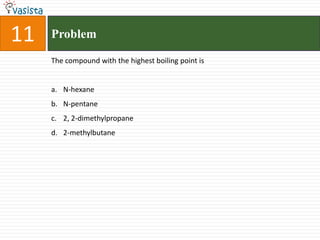 Problem  11The compound with the highest boiling point isN-hexaneN-pentane 2, 2-dimethylpropane2-methylbutane