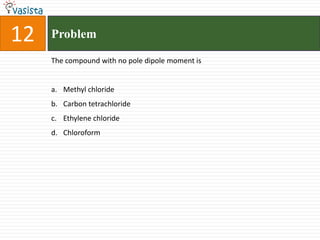 Problem  12The compound with no pole dipole moment isMethyl chloride Carbon tetrachloride Ethylene chloride Chloroform