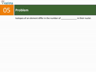 Problem05Isotopes of an element differ in the number of _____________ in their nuclei.