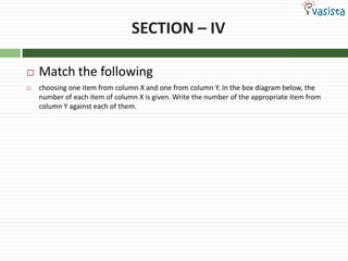 SECTION – IVMatch the followingchoosing one item from column X and one from column Y. In the box diagram below, the number of each item of column X is given. Write the number of the appropriate item from column Y against each of them. 