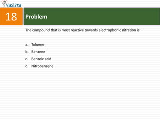 Problem18The compound that is most reactive towards electrophonic nitration is:Toluene Benzene Benzoic acid Nitrobenzene