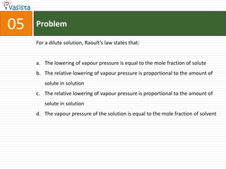 Problem05For a dilute solution, Raoult’s law states that:The lowering of vapour pressure is equal to the mole fraction of solute The relative lowering of vapour pressure is proportional to the amount of solute in solutionThe relative lowering of vapour pressure is proportional to the amount of solute in solutionThe vapour pressure of the solution is equal to the mole fraction of solvent