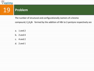 Problem19The number of structural and configurationally isomers of a bromo compound, C5H9Br   formed by the addition of HBr to 2-pentyne respectively are1 and 22 and 44 and 22 and 1