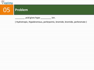 Problem05________ ,acid gives hypo _________ ion.( Hydrotropic, Hypobromous, perbrpomic, bromide, bromide, perbromate )