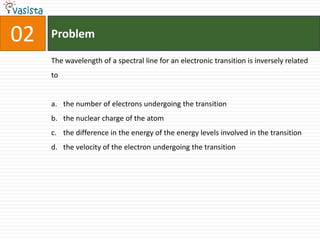 Problem02The wavelength of a spectral line for an electronic transition is inversely related tothe number of electrons undergoing the transitionthe nuclear charge of the atom the difference in the energy of the energy levels involved in the transitionthe velocity of the electron undergoing the transition 
