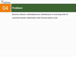 Problem04benzene, toluene, methoxybenzene, chlorbenzene in increasing order of reactivity towards sulphonation with fuming sulphuric acid.