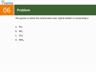 Problem06The species in which the central atom uses  hybrid orbital's in its bonding isPH3NH3CH3+SbH3