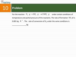 Problem10For the reaction                                                               under certain conditions of temperature and partial pressure of the reactants. The rate of formation         of is 0.001 kg           . The   rate of conversion of H2 under the same conditions is _______________kg
