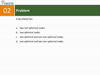 Problem02A 3p-orbital has:two non-spherical nodestwo spherical nodesone spherical and one non-spherical nodesone spherical and two non-spherical nodes