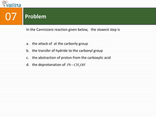 Problem07In the Cannizzaro reaction given below,   the slowest step isthe attack of  at the carbonly groupthe transfer of hydride to the carbonyl groupthe abstraction of proton from the carboxylic acidthe deprotonation of 