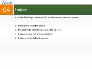 Problem04A standard hydrogen electrode has zero electrode potential becausehydrogen is easiest to oxdisethis electrode potential is assumed to be zerohydrogen atom has only one electronhydrogen is the lightest element