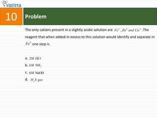 Problem10The only cations present in a slightly acidic solution are                                 .The reagent that when added in excess to this solution would identify and separate in        one step isa.b.c.d.