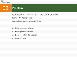 Problem09C12H22O11+H2O                                  C6H12O6(aq)+C6H12O6(aq)Sucrose  fructose glucoseIn the above reaction dilute H2SO4 isHeterogeneous catalystHomogeneous catalystDoes not effect the reactionNone of these