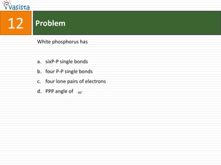 12ProblemWhite phosphorus hassixP-P single bondsfour P-P single bondsfour lone pairs of electrons PPP angle of 