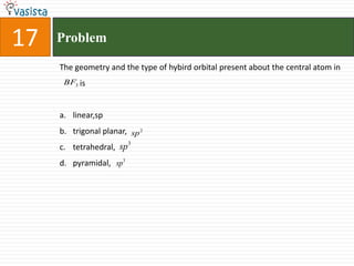 17ProblemThe geometry and the type of hybird orbital present about the central atom in          islinear,sptrigonal planar, tetrahedral, pyramidal, 