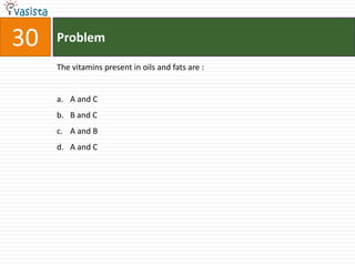 30   Problem

     The vitamins present in oils and fats are :


     a. A and C
     b. B and C
     c. A and B
     d. A and C
 