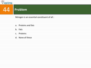44   Problem

     Nitrogen is an essential constituent of all :


     a. Proteins and fats
     b. Fats
     c. Proteins
     d. None of these
 