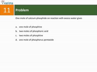 Problem11One mole of calcium phosphide on reaction with excess water givesone mole of phosphinetwo moles of phosphoric acidtwo moles of phosphineone mole of phosphorus pentoxide