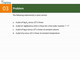 Problem03The following statement(s) is (are) correct:A plot of log Kp versus 1/T is linearA plot of  log[X]versus time is linear for a first order reaction A plot of log p versus 1/T is linear at constant volumeA plot of p vesus 1/V is linear at constant temperature