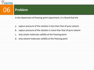 Problem06In the depression of freezing point experiment ,it is found that thevapour pressure of the solution is less than that of pure solventvapour pressure of the solution is more than that of pure solventonly solute molecules solidify at the freezing point only solvent molecules solidify at the freezing point 
