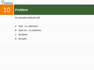 Problem10An aromatic molecule willhave           electronshave                 electronsbe planarbe cyclic