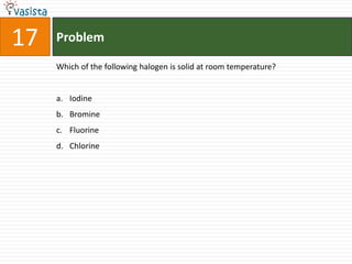 Problem17Which of the following halogen is solid at room temperature?IodineBromineFluorineChlorine
