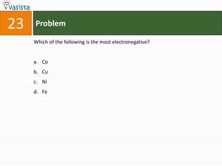 Problem23Which of the following is the most electronegative?CoCuNiFe