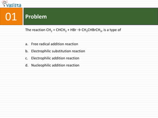 01ProblemThe reaction CH2 = CHCH3 + HBr -> CH3CHBrCH3, is a type ofFree radical addition reactionElectrophilic substitution reactionElectrophilic addition reactionNucleophilic addition reaction