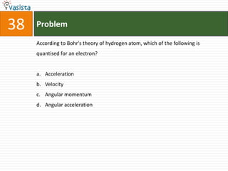 Problem38According to Bohr's theory of hydrogen atom, which of the following is quantised for an electron?AccelerationVelocityAngular momentumAngular acceleration