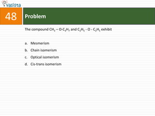 Problem48The compound CH3 – O-C3H7 and C2H5 - O - C2H5 exhibitMesmerism Chain isomerismOptical isomerism Cis-trans isomerism