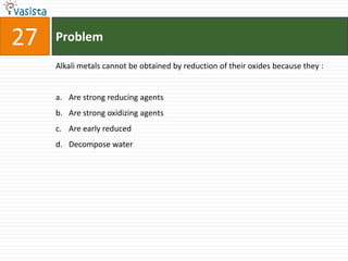 27   Problem

     Alkali metals cannot be obtained by reduction of their oxides because they :


     a. Are strong reducing agents
     b. Are strong oxidizing agents
     c. Are early reduced
     d. Decompose water
 