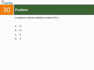 30   Problem

     In sulphuric acid the oxidation number of S is :


     a. + 2
     b. + 6
     c. - 4
     d. - 2
 
