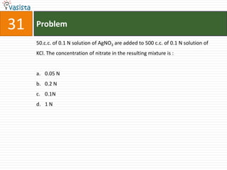 31   Problem

     50.c.c. of 0.1 N solution of AgNO3 are added to 500 c.c. of 0.1 N solution of
     KCl. The concentration of nitrate in the resulting mixture is :


     a. 0.05 N
     b. 0.2 N
     c. 0.1N
     d. 1 N
 