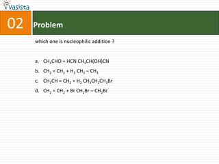 02   Problem
     which one is nucleophilic addition ?


     a. CH3CHO + HCN CH3CH(OH)CN
     b. CH2 = CH2 + H2 CH3 – CH3
     c. CH3CH = CH2 + H2 CH3CH2CH3Br
     d. CH2 = CH2 + Br CH2Br – CH2Br
 