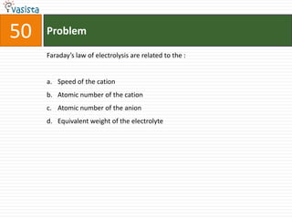 50   Problem

     Faraday’s law of electrolysis are related to the :


     a. Speed of the cation
     b. Atomic number of the cation
     c. Atomic number of the anion
     d. Equivalent weight of the electrolyte
 