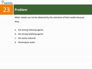 23   Problem

     Alkali metals can not be obtained by the reduction of their oxides because
     they:


     a. Are strong reducing agents
     b. Are strong oxidizing agents
     c. Are easily reduced
     d. Decompose water
 