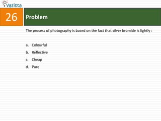 26   Problem

     The process of photography is based on the fact that silver bromide is lightly :


     a. Colourful
     b. Reflective
     c. Cheap
     d. Pure
 