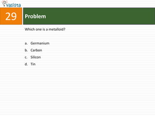 29   Problem

     Which one is a metalloid?


     a. Germanium
     b. Carbon
     c. Silicon
     d. Tin
 