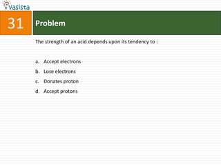 31   Problem

     The strength of an acid depends upon its tendency to :


     a. Accept electrons
     b. Lose electrons
     c. Donates proton
     d. Accept protons
 