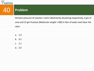 40   Problem

     Osmotic pressure of solution I and II obtained by dissolving respectively, 5 gm of
     urea and 15 gm fructose (Molecular weight =180) in liter of water each bear the
     ratio:


     a. 1:3
     b. 3:1
     c. 1:1
     d. 2:3
 