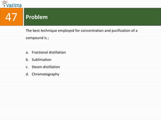 47   Problem

     The best technique employed for concentration and purification of a
     compound is ;


     a. Fractional distillation
     b. Sublimation
     c. Steam distillation
     d. Chromatography
 