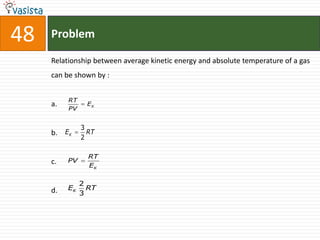 48   Problem

     Relationship between average kinetic energy and absolute temperature of a gas
     can be shown by :


          RT
     a.         EK
          PV


               3
     b. EK       RT
               2

                 RT
     c.   PV
                 EK

               2
     d.   EK     RT
               3
 