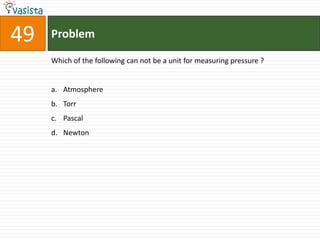 49   Problem

     Which of the following can not be a unit for measuring pressure ?


     a. Atmosphere
     b. Torr
     c. Pascal
     d. Newton
 