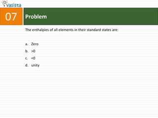 07   Problem

     The enthalpies of all elements in their standard states are:


     a. Zero
     b. >0
     c. <0
     d. unity
 