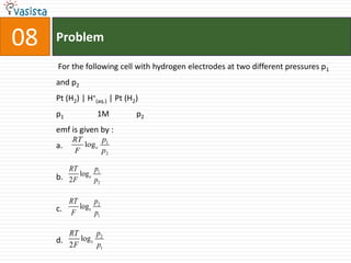 Problem08 For the following cell with hydrogen electrodes at two different pressures p1 and p2Pt (H2) | H+(aq.) | Pt (H2)p1	   1M	     p2emf is given by :a.b.c.d. 