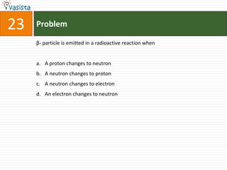 Problem23β- particle is emitted in a radioactive reaction when  A proton changes to neutron A neutron changes to proton A neutron changes to electron An electron changes to neutron 