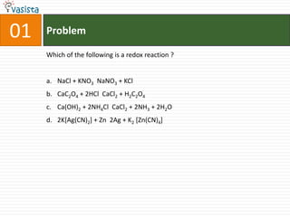 Problem01Which of the following is a redox reaction ?  NaCl + KNO3  NaNO3 + KClCaC2O4 + 2HCl  CaCl2 + H2C2O4Ca(OH)2 + 2NH4Cl  CaCl2 + 2NH3 + 2H2O2K[Ag(CN)2] + Zn  2Ag + K2 [Zn(CN)4]