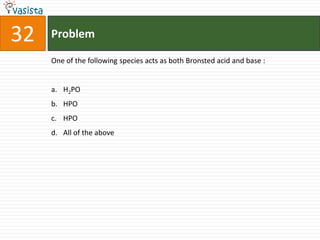 Problem32One of the following species acts as both Bronsted acid and base :  H2PO HPO HPO All of the above 