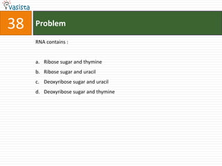 Problem38RNA contains :  Ribose sugar and thymine Ribose sugar and uracilDeoxyribose sugar and uracilDeoxyribose sugar and thymine 