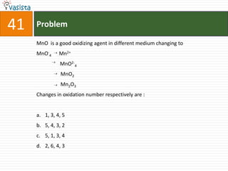 Problem41MnO  is a good oxidizing agent in different medium changing to MnO-4      Mn2+                  MnO2-4	 MnO2	 Mn2O3Changes in oxidation number respectively are :  1, 3, 4, 55, 4, 3, 25, 1, 3, 42, 6, 4, 3